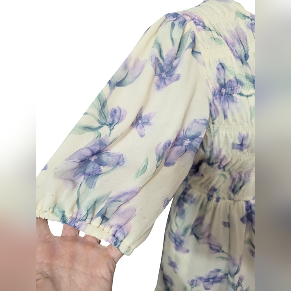 Polagram Women’s Chiffon Floral Watercolor Midi Belted Dress Smocked Bodice S - Picture 5 of 12